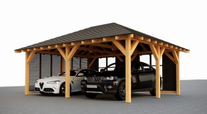 Wiata kopertowa dwustanowiskowa BORNEO 5x6,5 z zabudową ścian, wersja standard