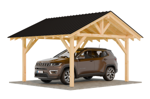 Projekt wiaty samochodowej drewnianej 4x4, jednostawiskowa, dach dwuspadowy