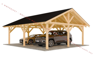 Projekt wiaty samochodowej drewnianej 6x8, dwustanowiskowa, dach dwuspadowy 